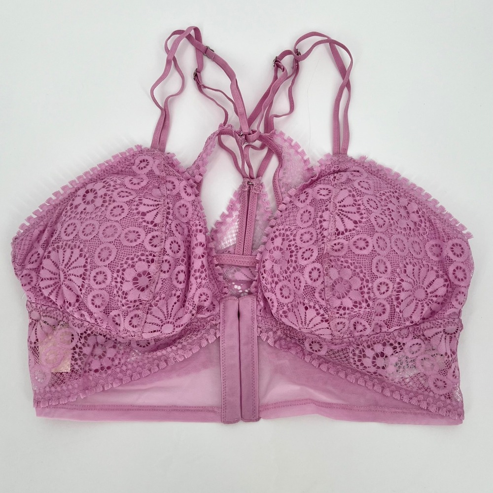 Aerie Womens Lace Front Close Longline Bralette Size M Pink Corset Fit Strappy
